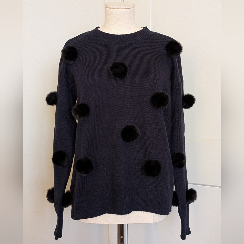 CeCe Navy Blue Faux Fur Pompom Knit Crewneck Sweater Relaxed XS